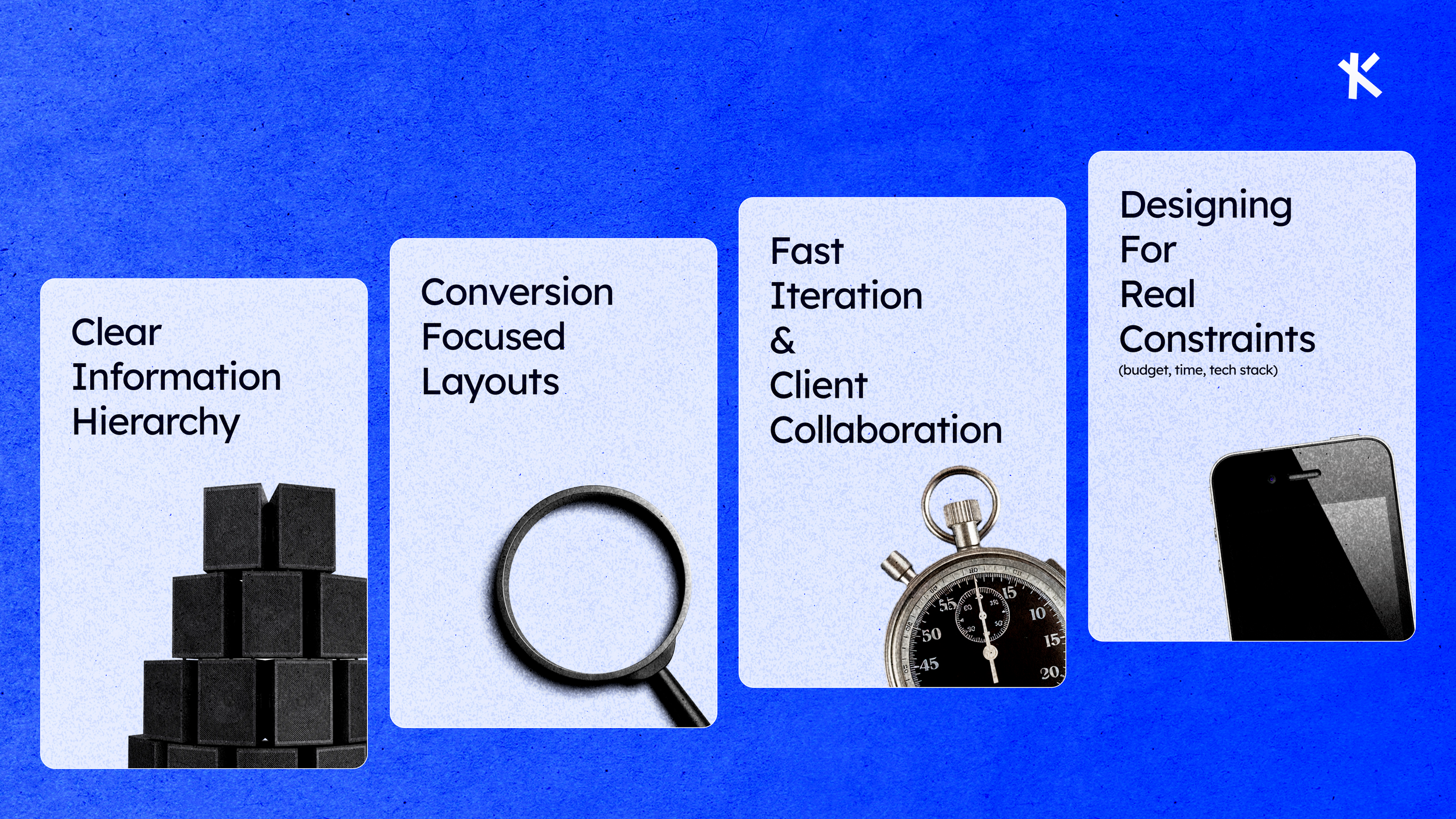 Freelance design process covering information hierarchy, conversion, iteration, and real constraints